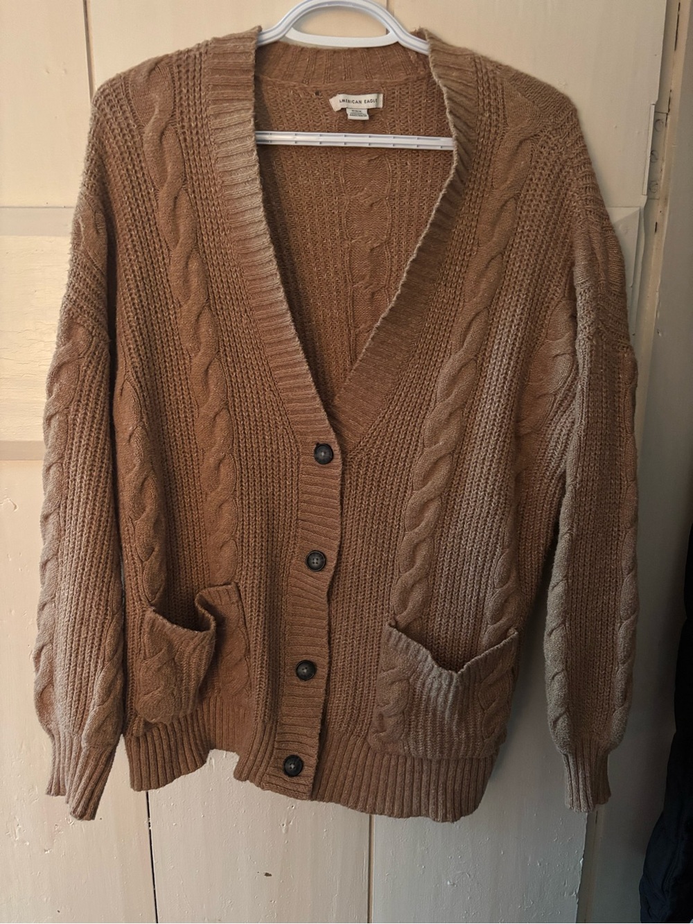 American Eagle Outfitters Cable-Knit Button Cardigan in Camel